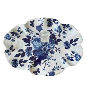 Shabby Chic Blue Floral Melamine Serving Tray XL 15x11 Oval Scalloped Edge NEW